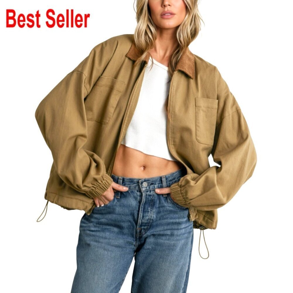 Corduroy Collar Utility Jacket Cinchable Hem Lightweight Workwear Y2K Retro